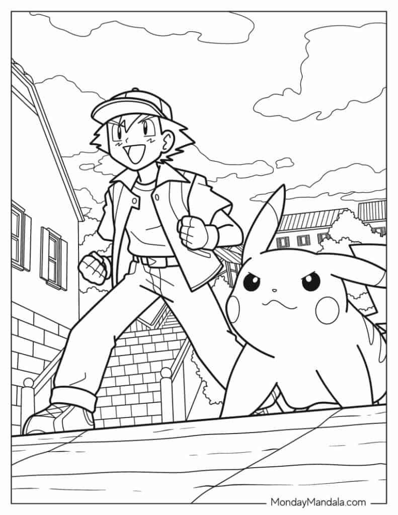 Coloriage pokemon Sacha et pikachu