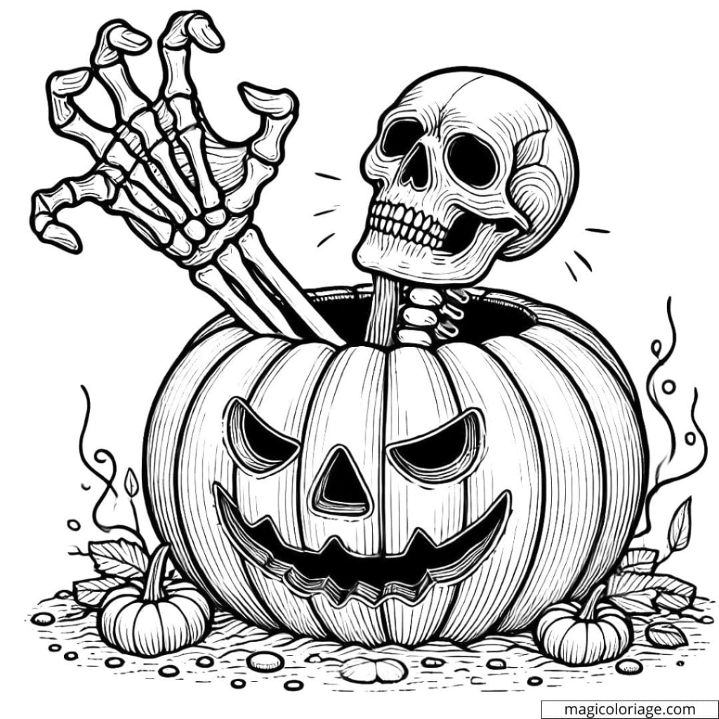 Coloriage halloween d'un squelette dans une citrouille